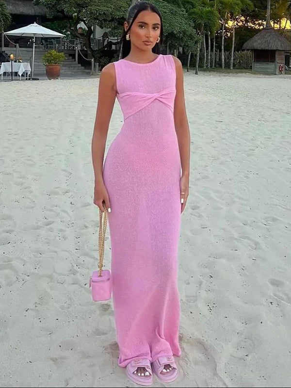 Pink Ruched Sleeveless Maxi Dress