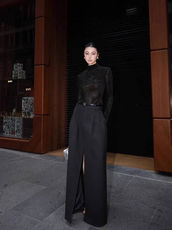 Elegant Black Flowy High Slit Skirt