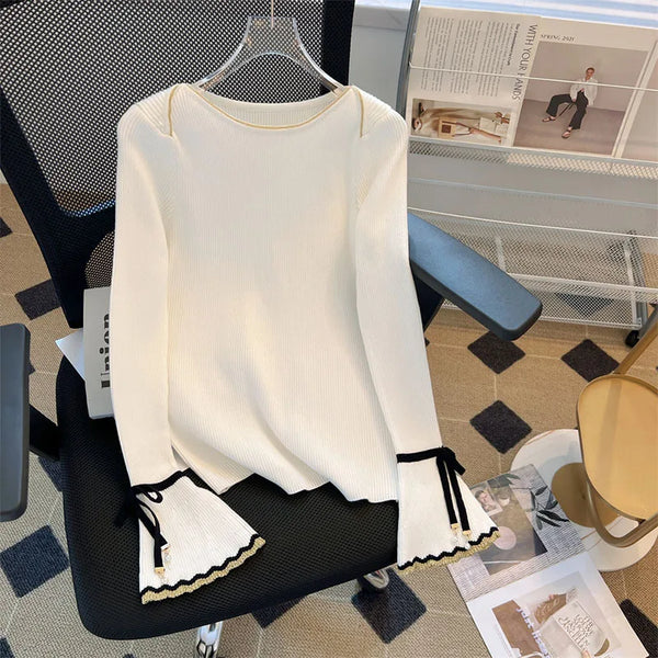 Elegant Bow Flare Sleeve Knitted Sweater
