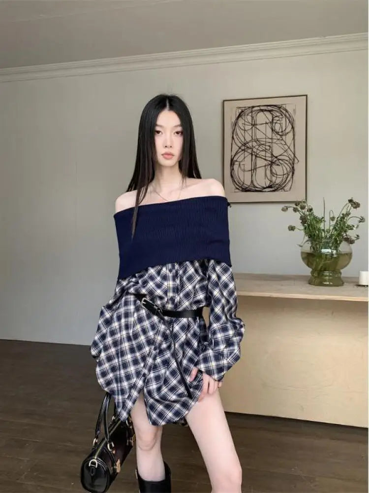 VILZSTUDIOS Plaid Off Shoulder Loose Sleeves Blouse