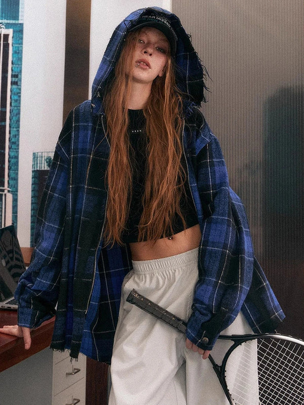 Vintage Plaid Zip-Up Gothic Hoodie