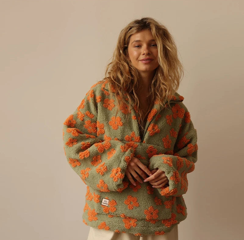 VILZSTUDIOS Cozy Zipped Flowers Print Sweater