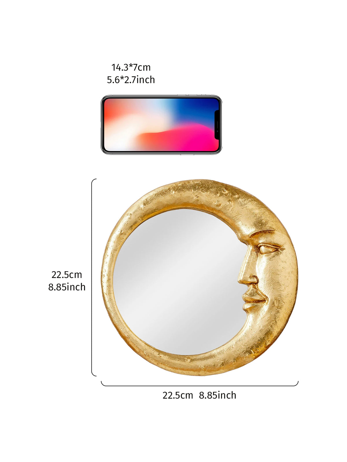 VILZSTUDIOS 1PC, resin material gold face meniscus round decorative hanging mirror, decorative home art pendant, creative makeup mirror.