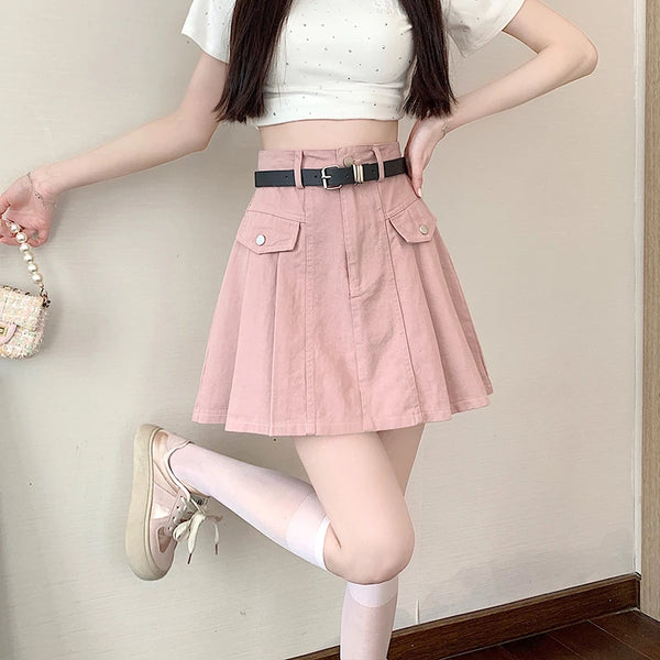 Pleated Denim A-Line Skirt for Spring/Summer