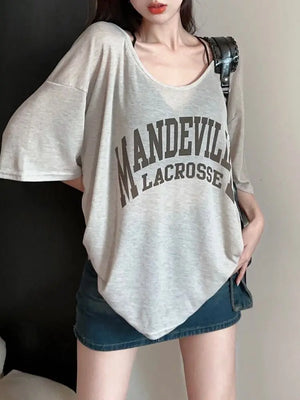 VILZSTUDIOS Sheer Letter Printed Loose T-Shirt