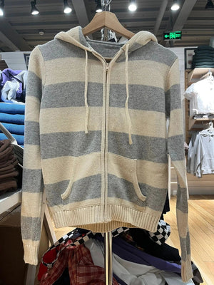 VILZSTUDIOS Cozy Striped Knitted Hooded Cardigan