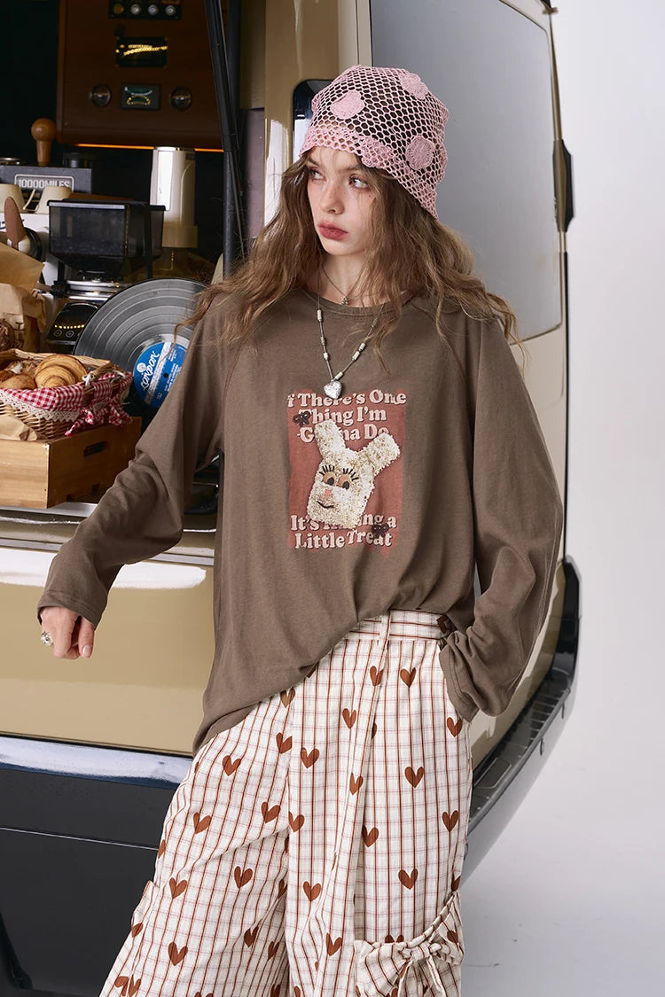 VILZSTUDIOS Casual Bunny Girl Print Long Sleeve Top