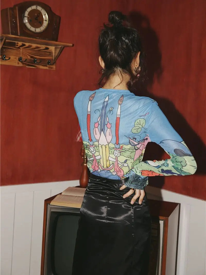 VILZSTUDIOS Sheer Mesh Long Sleeve Graphic T-Shirt