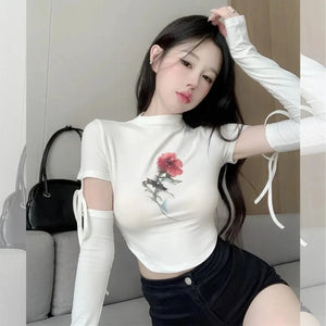 VILZSTUDIOS Rose Print Turtleneck Crop Top