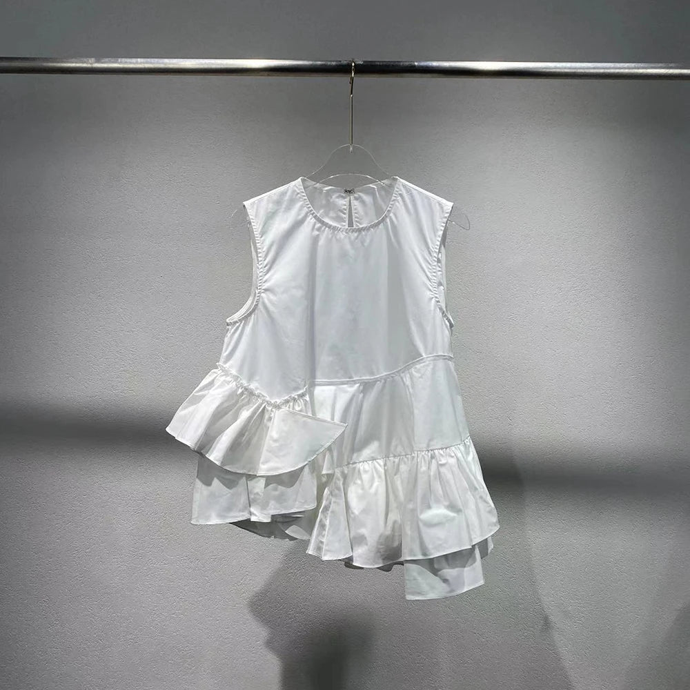 VILZSTUDIOS Elegant Ruffle Cotton Sleeveless T-Shirt