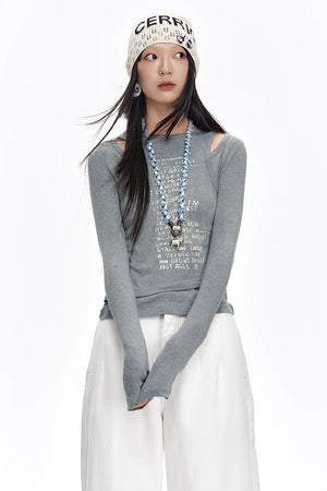 VILZSTUDIOS Cut Out Shoulder Grey Long Sleeve Top