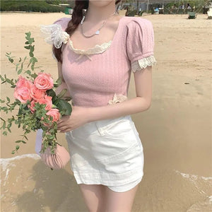 VILZSTUDIOS Spicy Girl Square Neck Lace Shirt