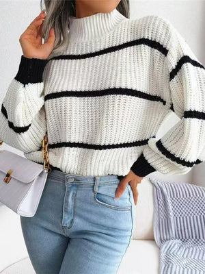 VILZSTUDIOS High Collar Pullover Knit Striped Sweater