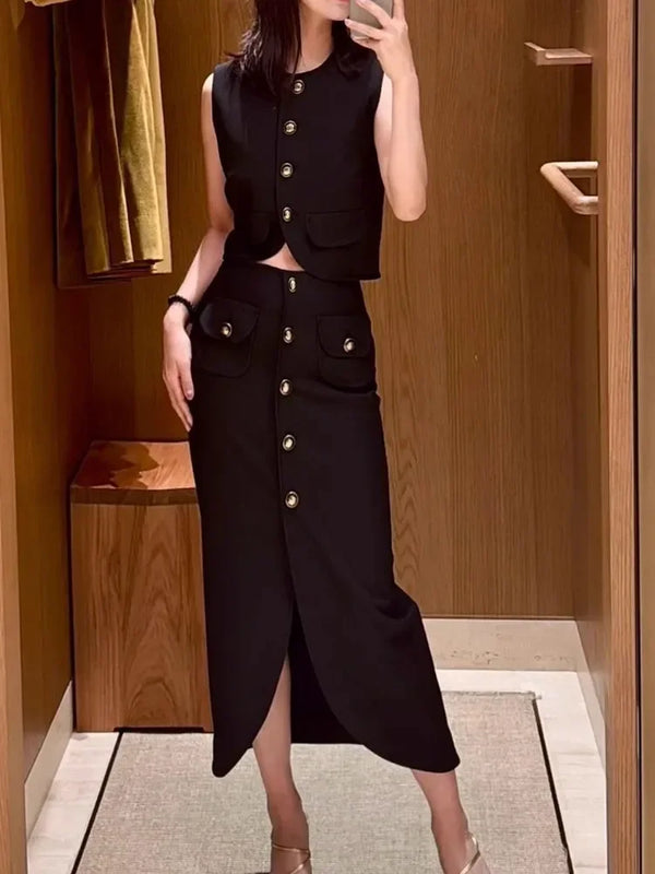 Elegant Sleeveless Vest & Midi Skirt Set