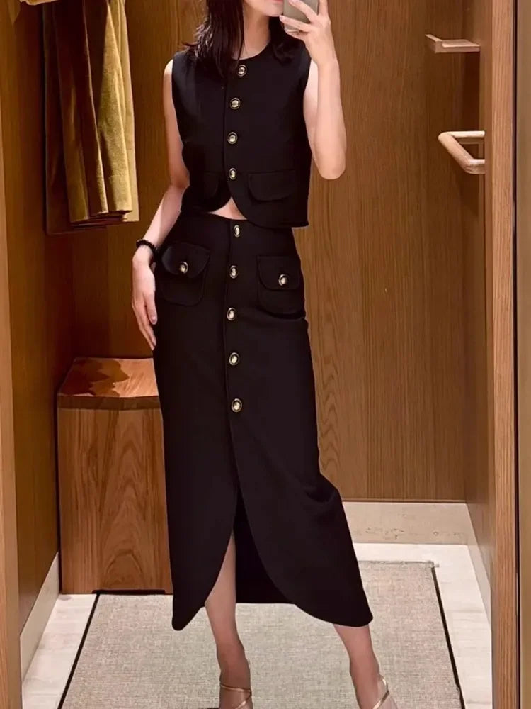 VILZSTUDIOS Elegant Sleeveless Vest & Midi Skirt Set