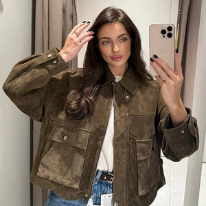 VILZSTUDIOS Elegant Green Faux Suede Jacket