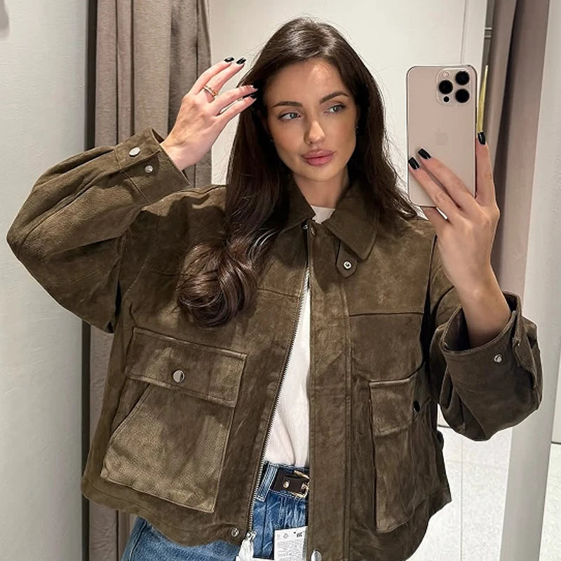 VILZSTUDIOS Elegant Green Faux Suede Jacket