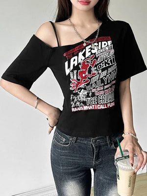 VILZSTUDIOS Gothic Letter Print Cropped Off Shoulder T-Shirt