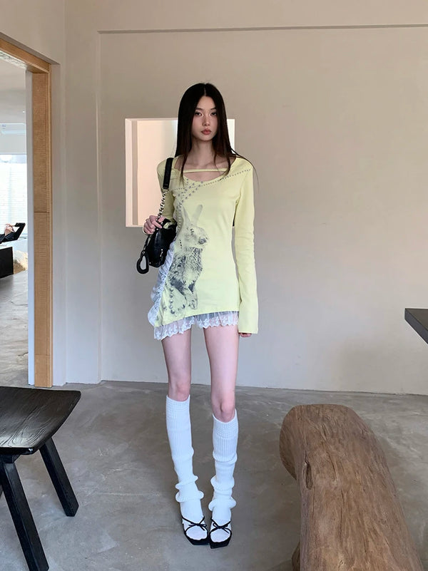 Rabbit Print Lace Patchwork Top