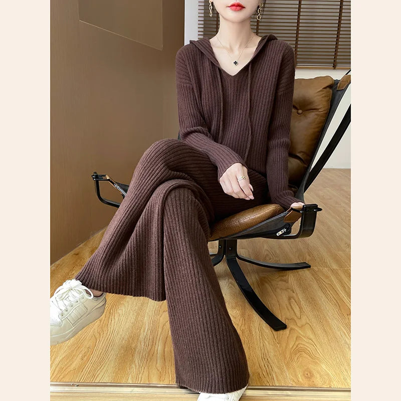 VILZSTUDIOS Cozy Knitted Wide Leg Pants & Hoodie Set