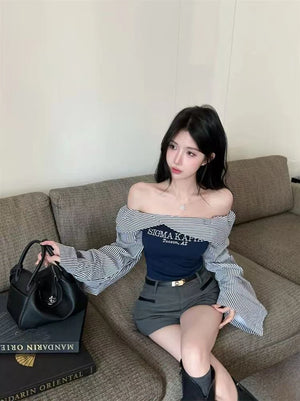 VILZSTUDIOS Chic Slim Striped Sleeves T-Shirt