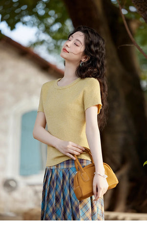 VILZSTUDIOS Pearl Buckle Knitted Short Sleeve T-Shirt