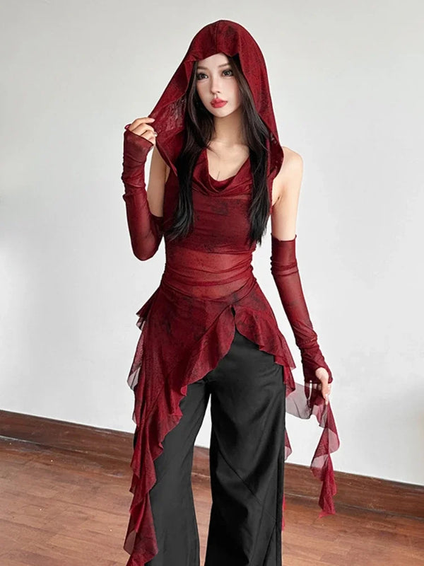Sheer Mesh Grunge Irregular Hem Hoodie