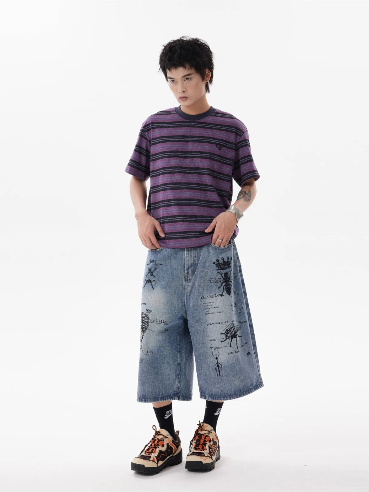 VILZSTUDIOS Vintage Graffiti Denim Cropped Wide-Leg Shorts