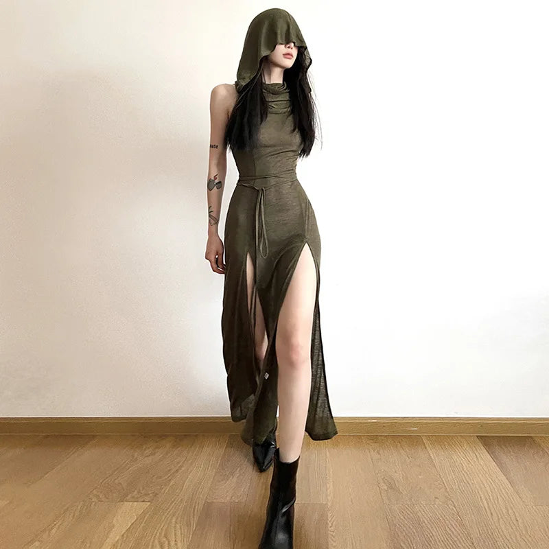 VILZSTUDIOS Gothic Sleeveless Ruffles Mesh Midi Dress