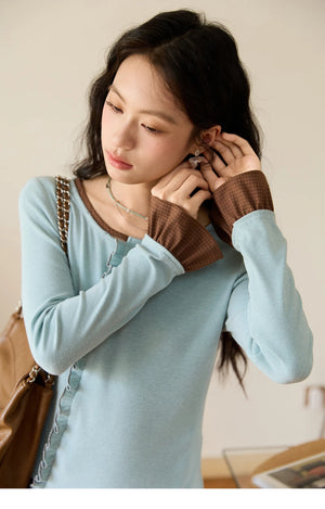 VILZSTUDIOS Blue Color Blocked Knitted Ruffled Long Sleeve Top