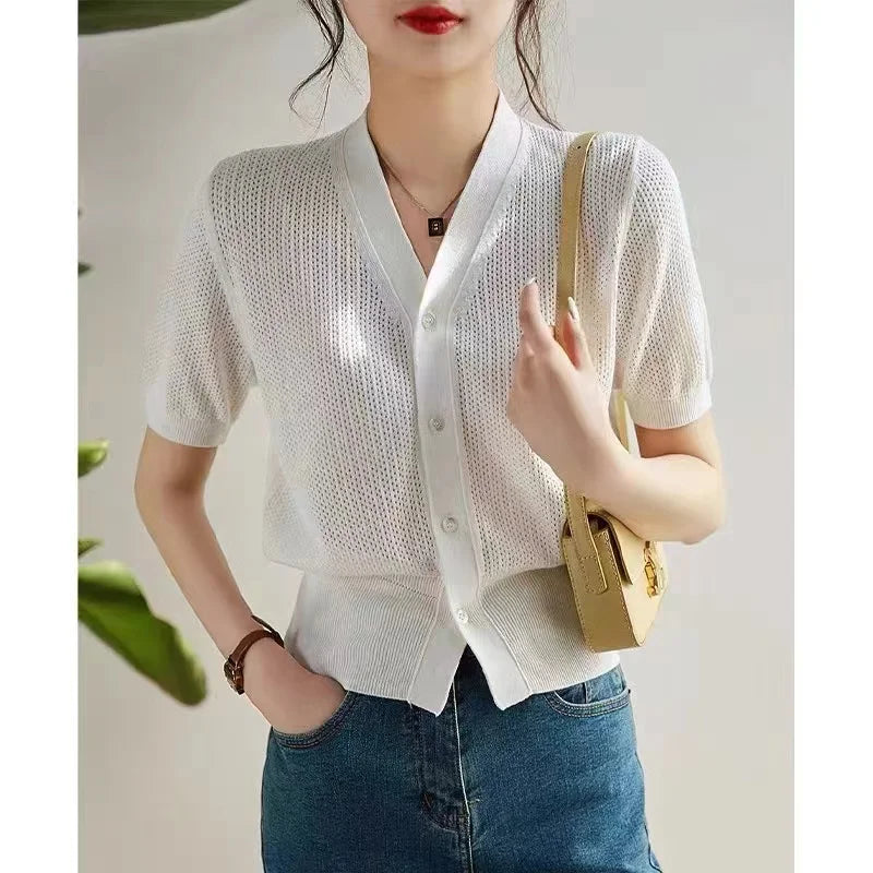 VILZSTUDIOS Breathable Knit Short Sleeve Cardigan