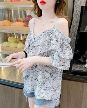 VILZSTUDIOS Stylish French Ruffled Off-Shoulder Suspender Blouse