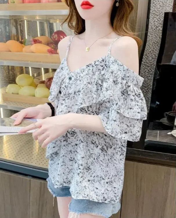 VILZSTUDIOS Stylish French Ruffled Off-Shoulder Suspender Blouse