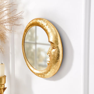 VILZSTUDIOS 1PC, resin material gold face meniscus round decorative hanging mirror, decorative home art pendant, creative makeup mirror.