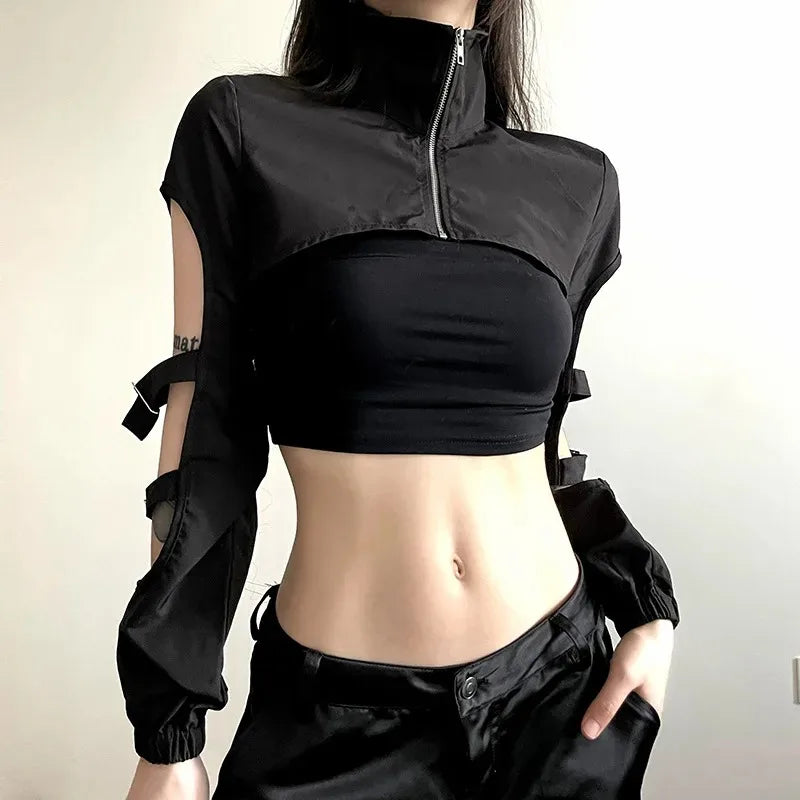 VILZSTUDIOS Cyberpunk Hollow Out Zipper Crop Top