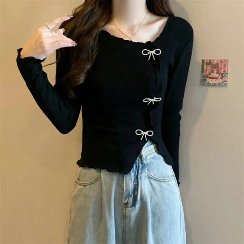 VILZSTUDIOS Irregular Knitted Bow Buttons Sweater