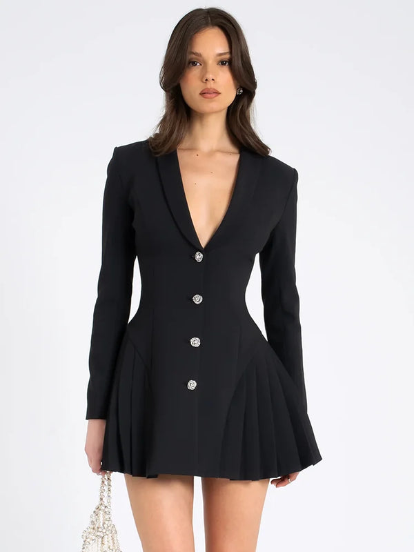Elegant Deep V-Neck Pleated Blazer Dress