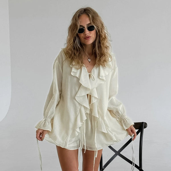 Chic Lace-Up Ruffle Shorts Set Shorts