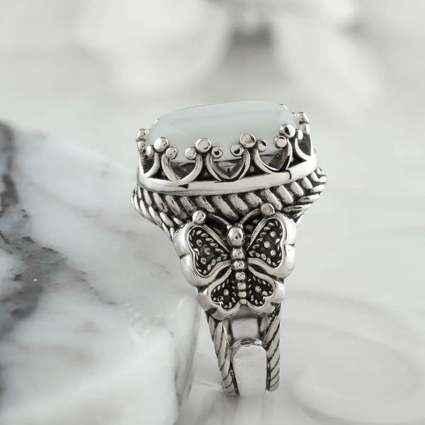 Butterfly White Stone Silver Ring