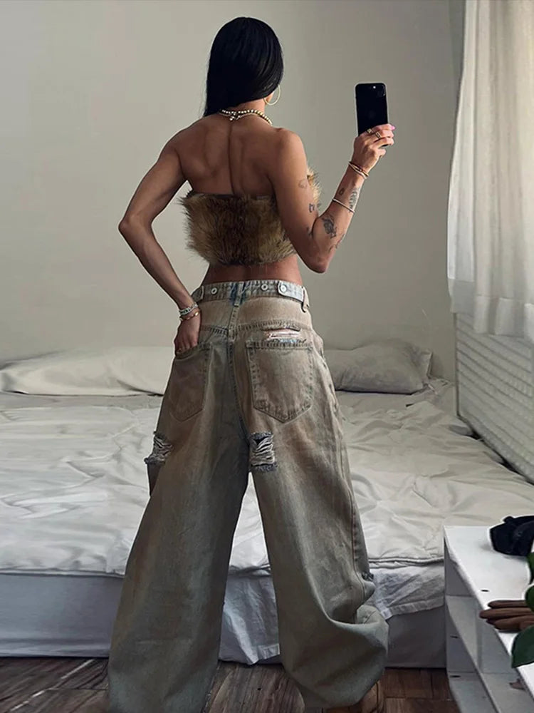 VILZSTUDIOS Retro Distressed Ripped Baggy Jeans