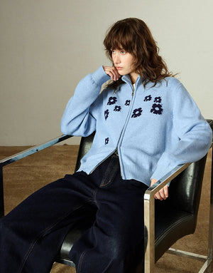 VILZSTUDIOS Flower Embroidered Zipped Cardigan
