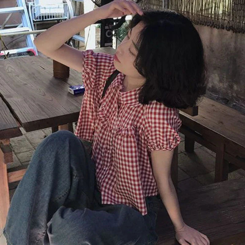 VILZSTUDIOS Vintage Red Plaid Girlish Chic Shirt