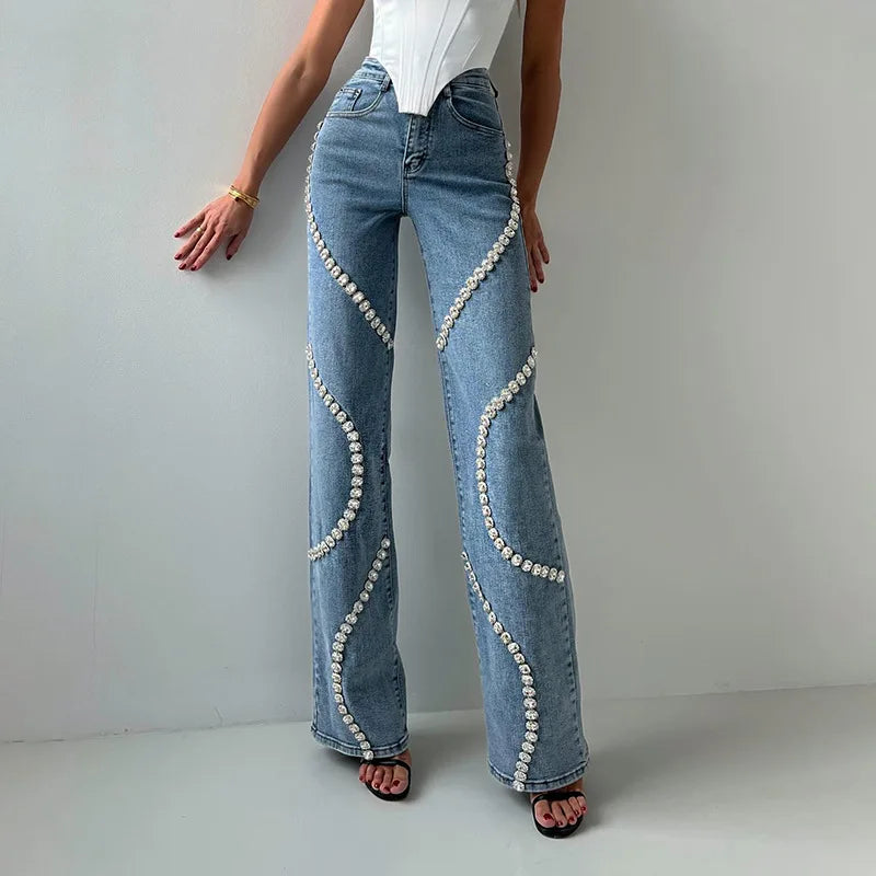 VILZSTUDIOS Flare Rhinestone High Waist Loose Jeans