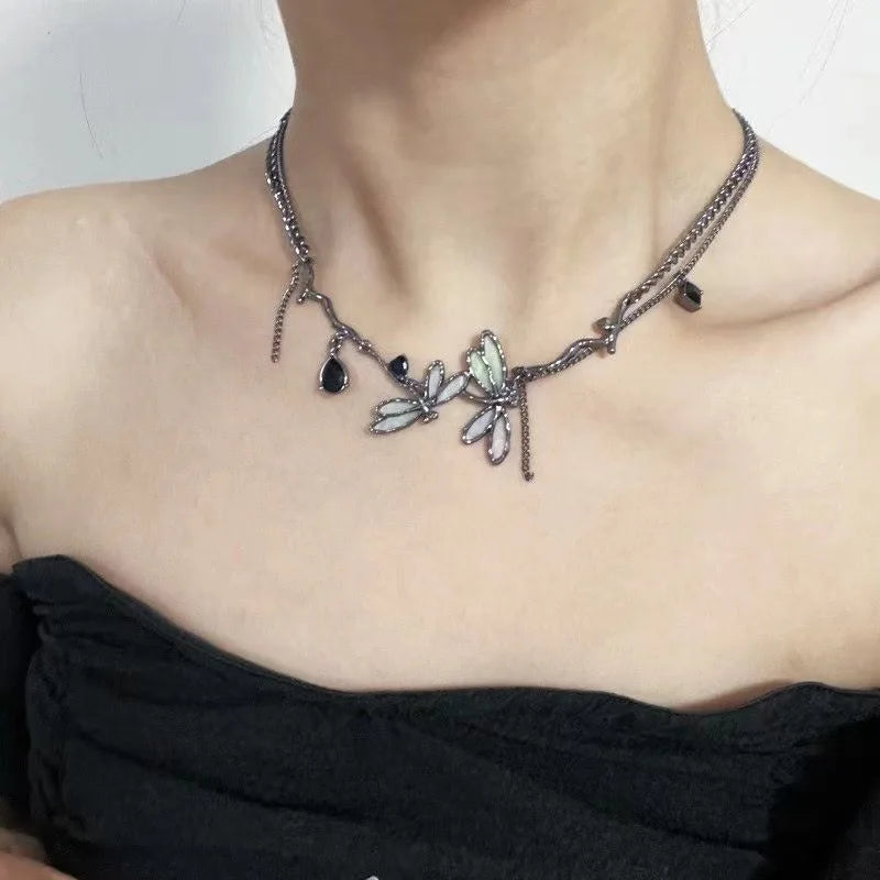 VILZSTUDIOS Gothic Black Dragonfly Choker Necklace
