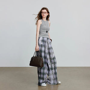 VILZSTUDIOS Plaid Wide Leg Casual Pants