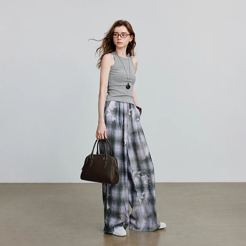 VILZSTUDIOS Plaid Wide Leg Casual Pants