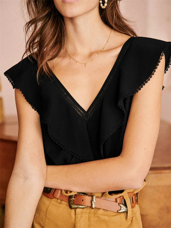Elegant Ruffled V-Neck Sleeveless Blouse