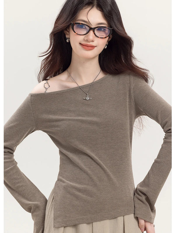 Asymmetrical Off Shoulder Knitted Long Sleeve Top