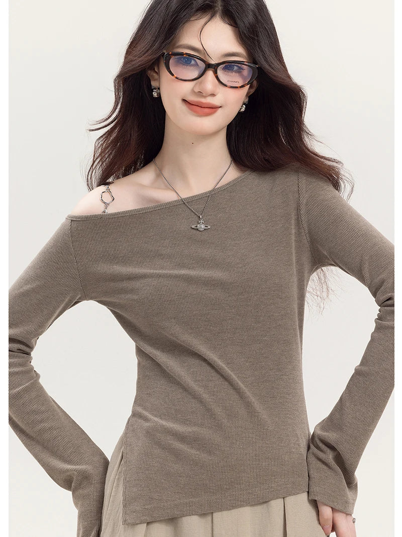 VILZSTUDIOS Asymmetrical Off Shoulder Knitted Long Sleeve Top