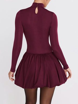 VILZSTUDIOS Burgundy Patchwork Turtleneck Long Sleeve Mini